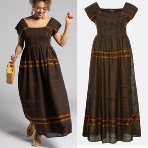 Smocked Bodice Jacquard Stripe Maxi Dress